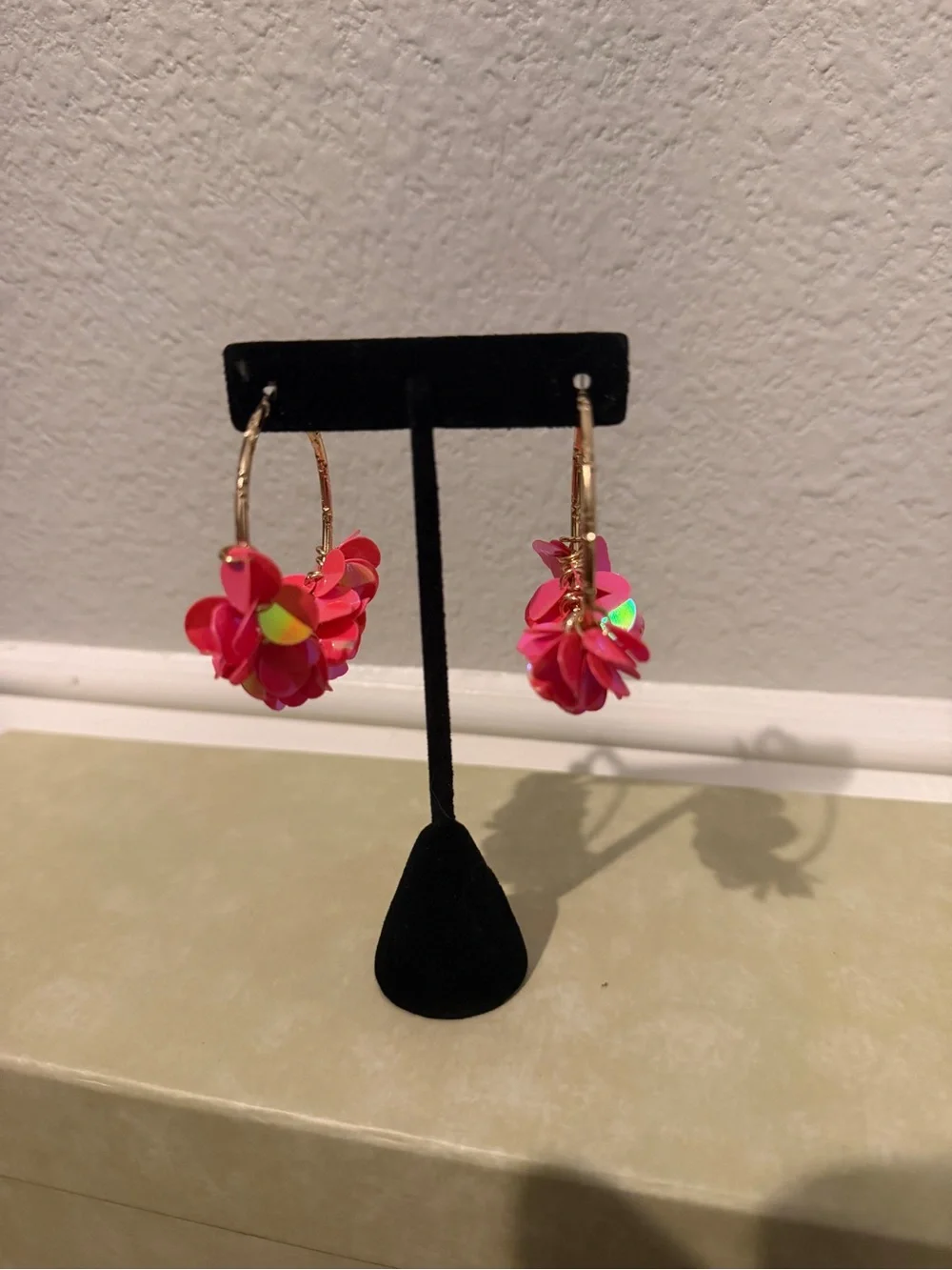 Gold Hoop Earrings with Pink Floral Sequin Charms